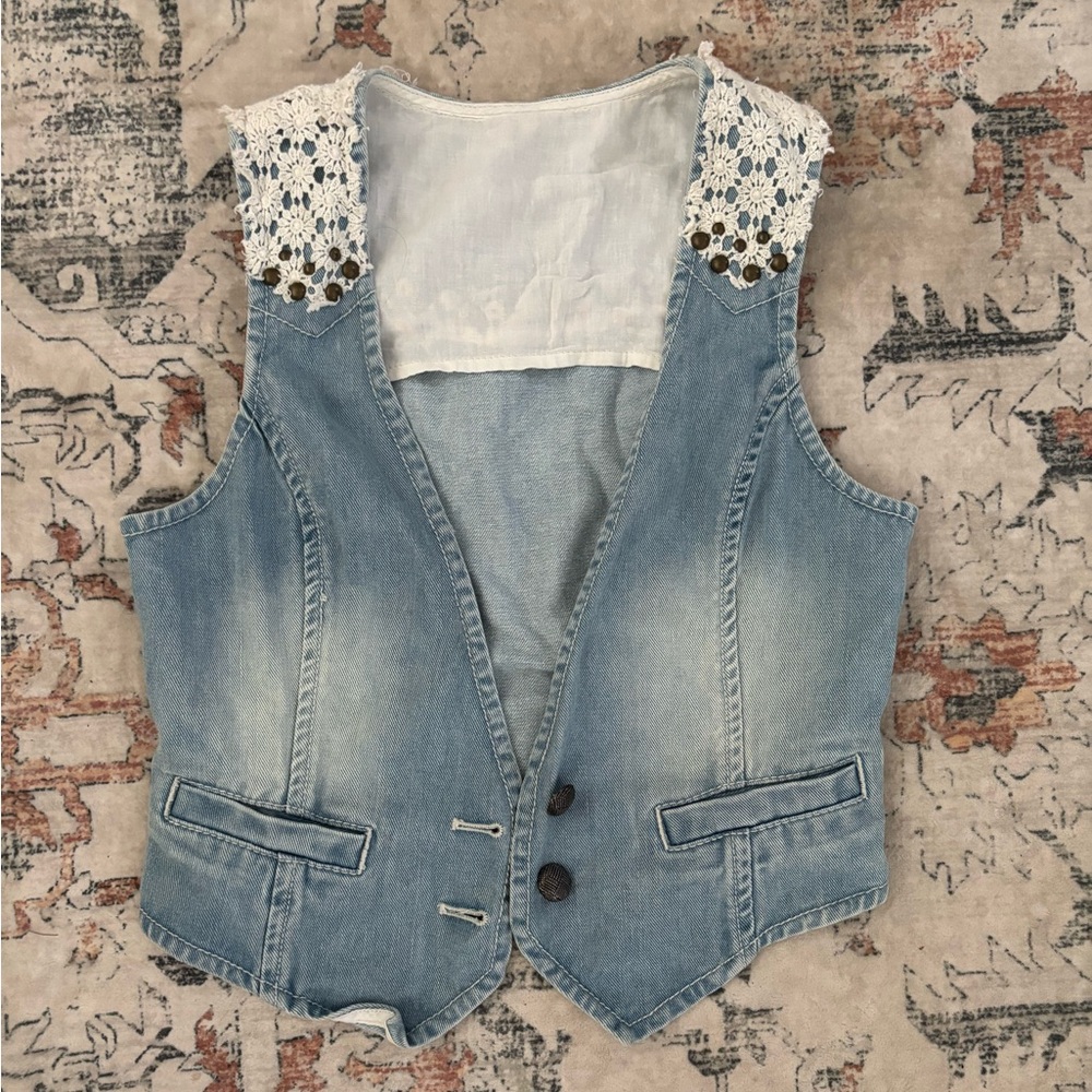 Blue Denim Vest with Crochet Detail